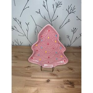 Merry Moments Pink Ceramic Christmas Tree Holiday Plate Stoneware Festive Decor